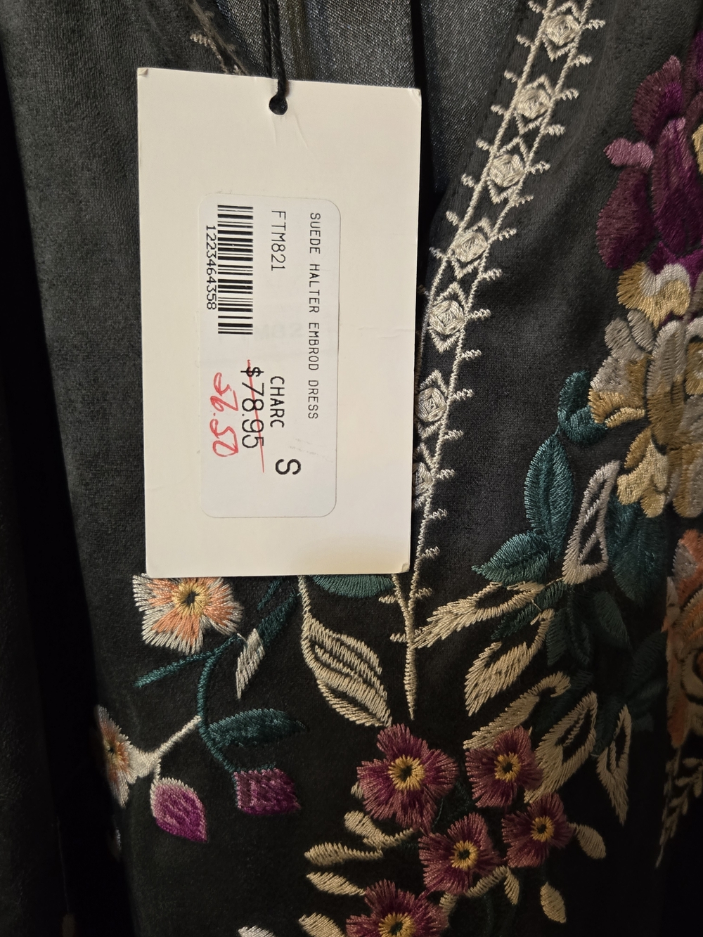 THML Gray Suede Halter Dress with Floral Embroidery - Picture 5 of 6